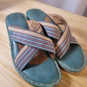 Born Drillers Teal Leather Slide Sandals with Striped Fabric Cross-Straps Size 7